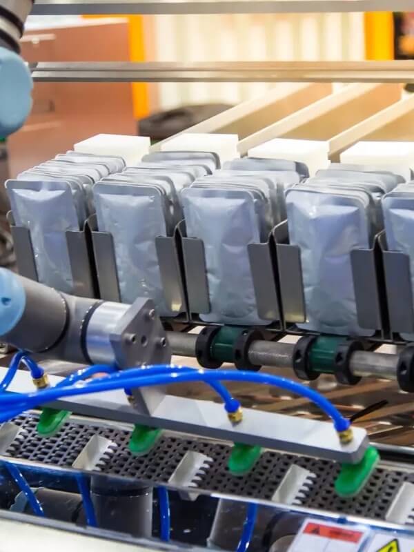 Robotic arm handling filled foil pouches on a co-packing line