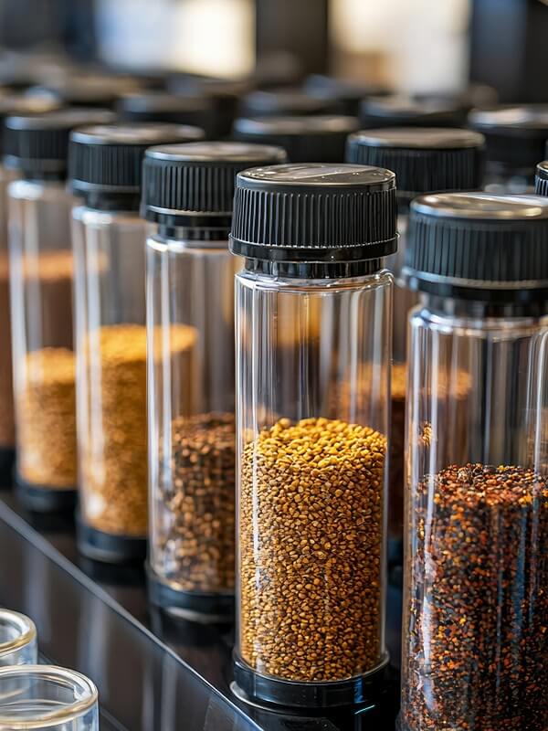 Clear sample jars of whole and ground spices lined up for ingredient sourcing review
