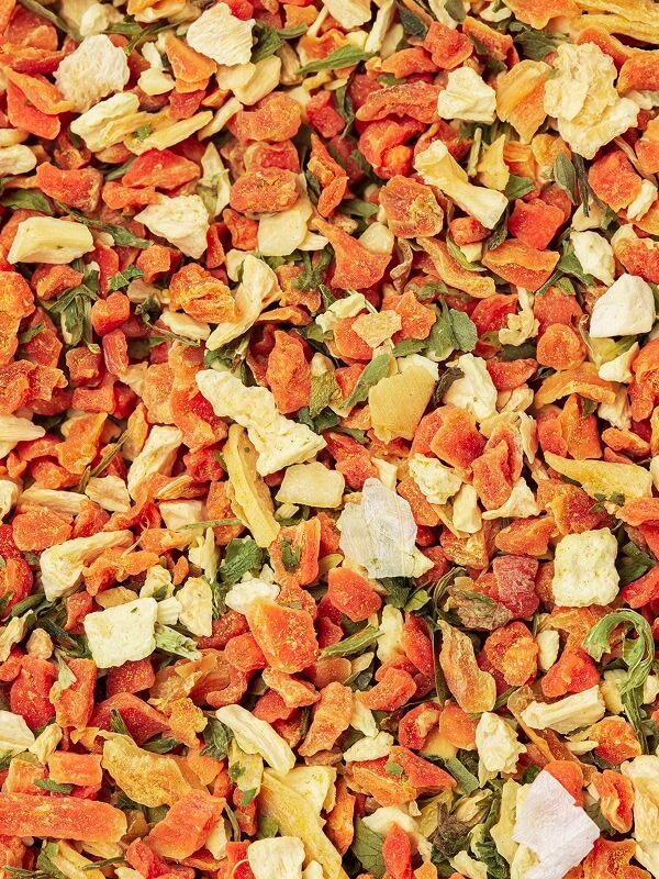 Diced dehydrated potato, red bell pepper, and green onion pieces in a dried vegetable mix